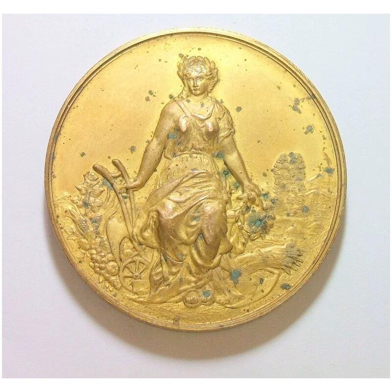 法国1900年前后 欧洲喷火龙+女神高浮雕精制大镀金章 50MM厚5MM