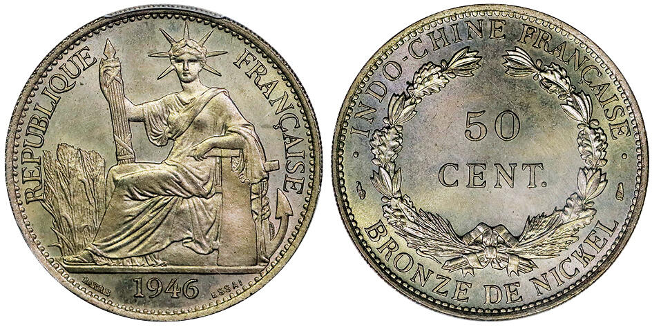 北京阿城哥拍卖2025年秋季拍卖会 法属印度支那1946年座洋50C样币一枚，镜面深打 PCGS SP65