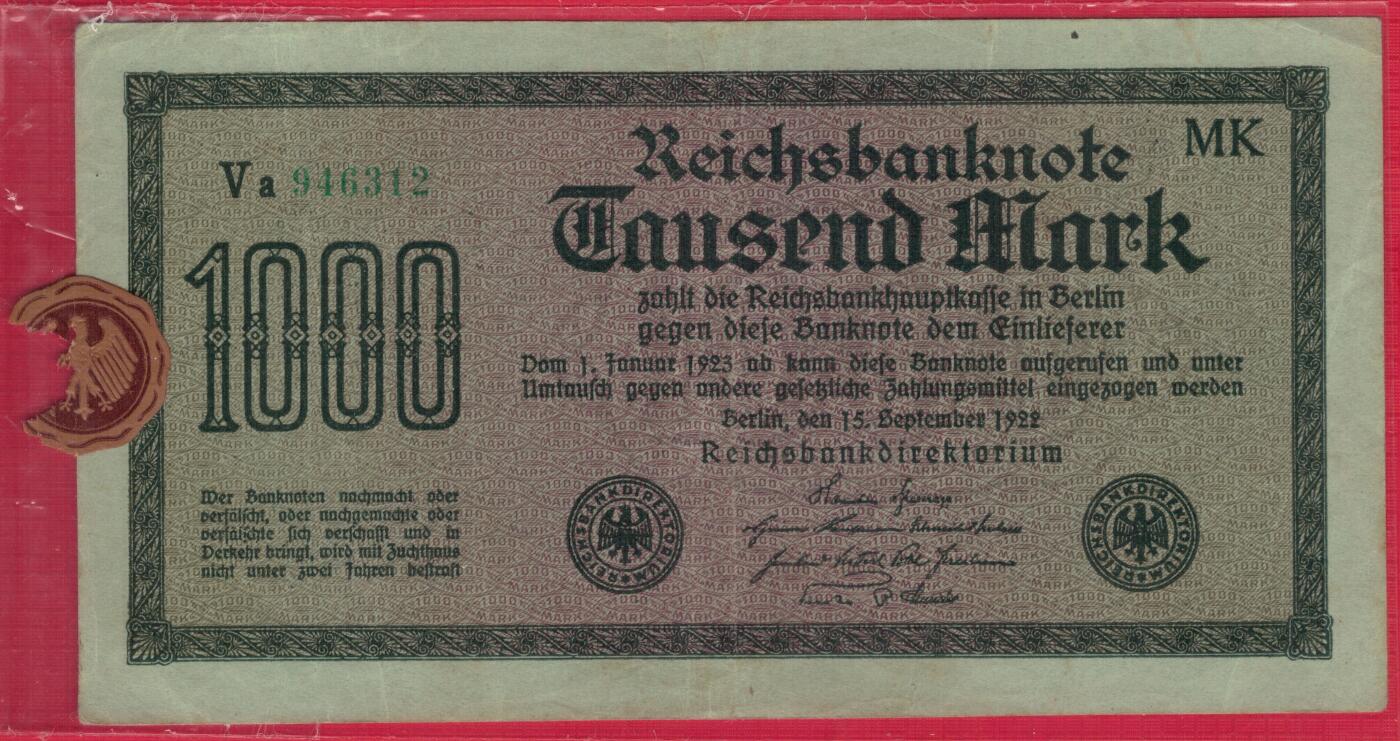 德国1922年1000马克 P-76 水印种类不详 绿号码 有原银行封签 实物图 八五品