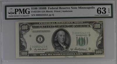 《外钞收藏家》第五百八十四期（优质场）（本平台长期征集拍品、欢迎藏友们联系合作） - 1950年 早期小头版100美元 联邦储备券 稀少分区I明尼苏达首发A冠 PMG老壳63EPQ