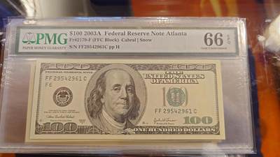 世界钱币～微拍第214期暨2025年第54期  双11评级币特惠拍 - 2003A年美国100元大头 全新绝品PMG66E 尾号2961