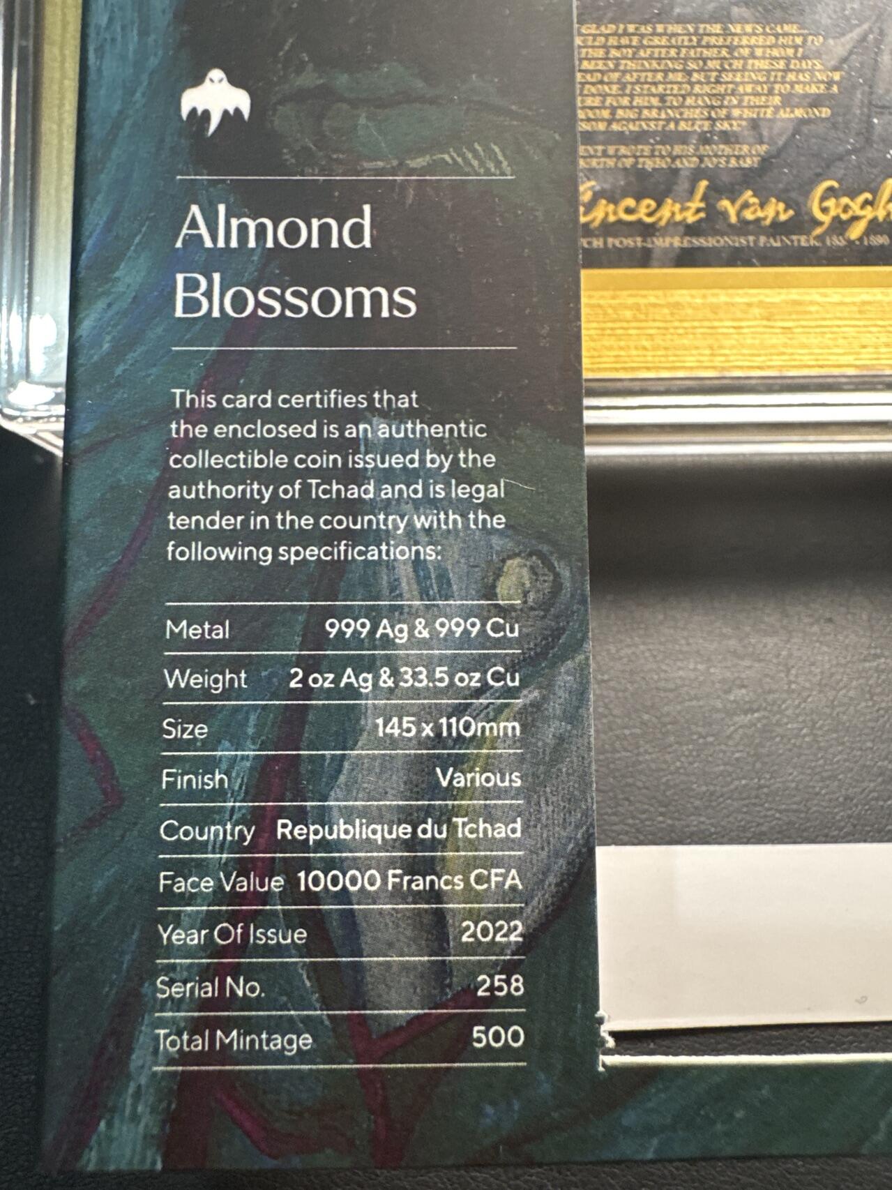 ❤️【币观天下】❤️ 第330期钱币拍卖- 2025.11.14周五晚上6点半场-长期征集拍品 乍得2022年梵高名画系列杏花2克银+35克铜145*110mm尺寸小板砖银币