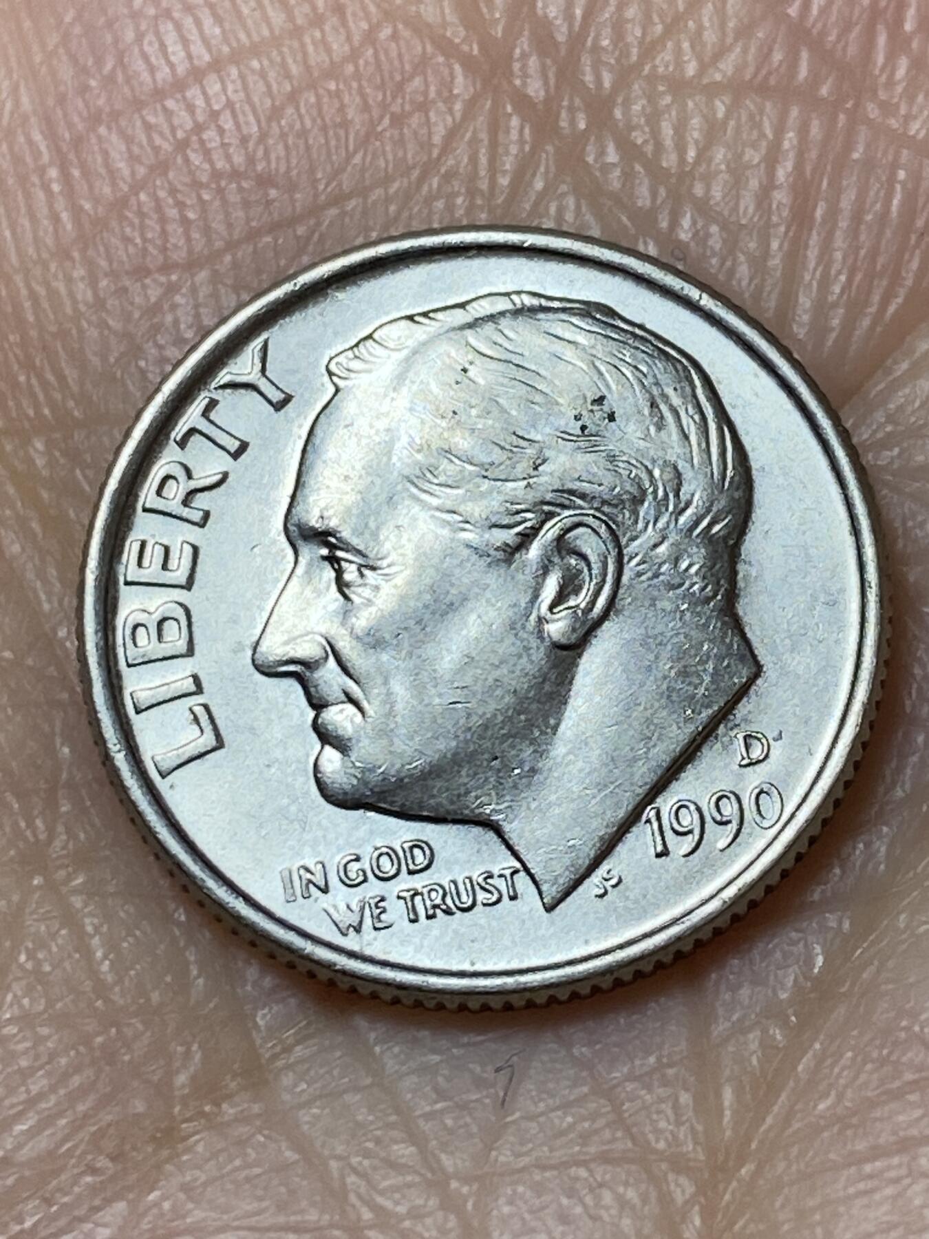 2025年第一百二十七场(总第一百五十三场）外国好品章牌、散币(免佣金) 美国🇺🇸1990年1角(罗斯福1角第二版，D标丹佛造)