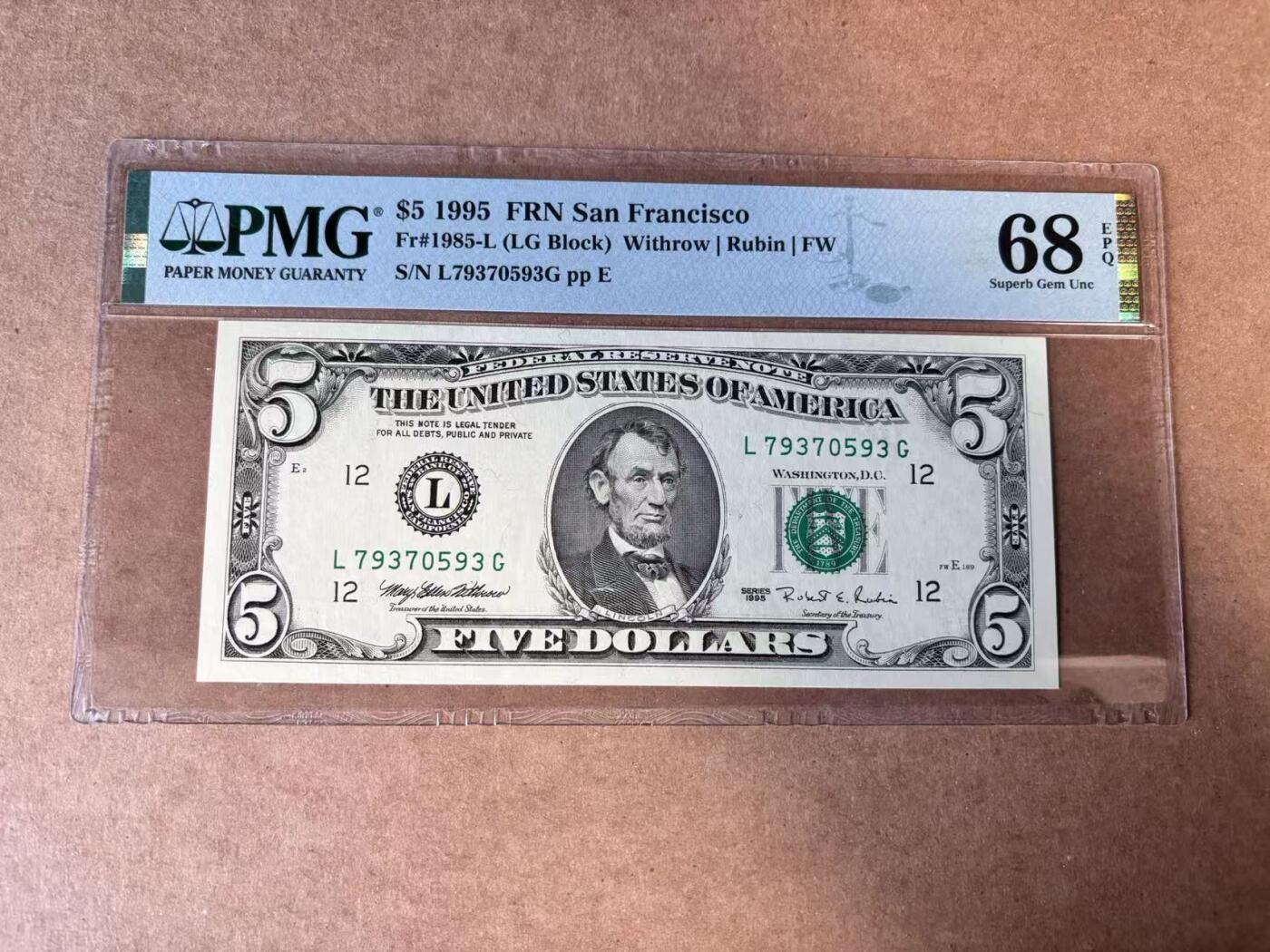 【Blue Auction】世界纸币精拍第749期——18级TOP拍卖/信誉/品质/专业/高效💫 美国 1995年5美金 PMG68EPQ 高分 旧金山版