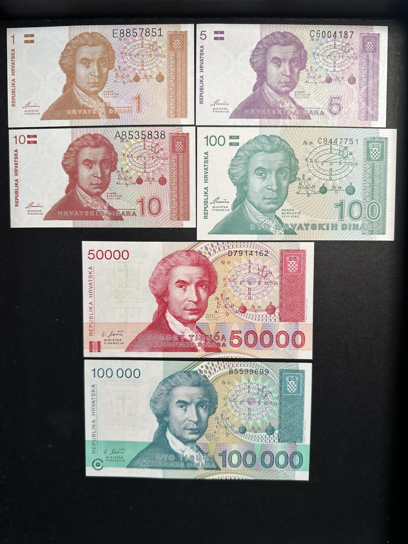 蒂克钱币-第47场 外国平价纸币拍卖 克罗地亚 6枚纸币 全新UNC