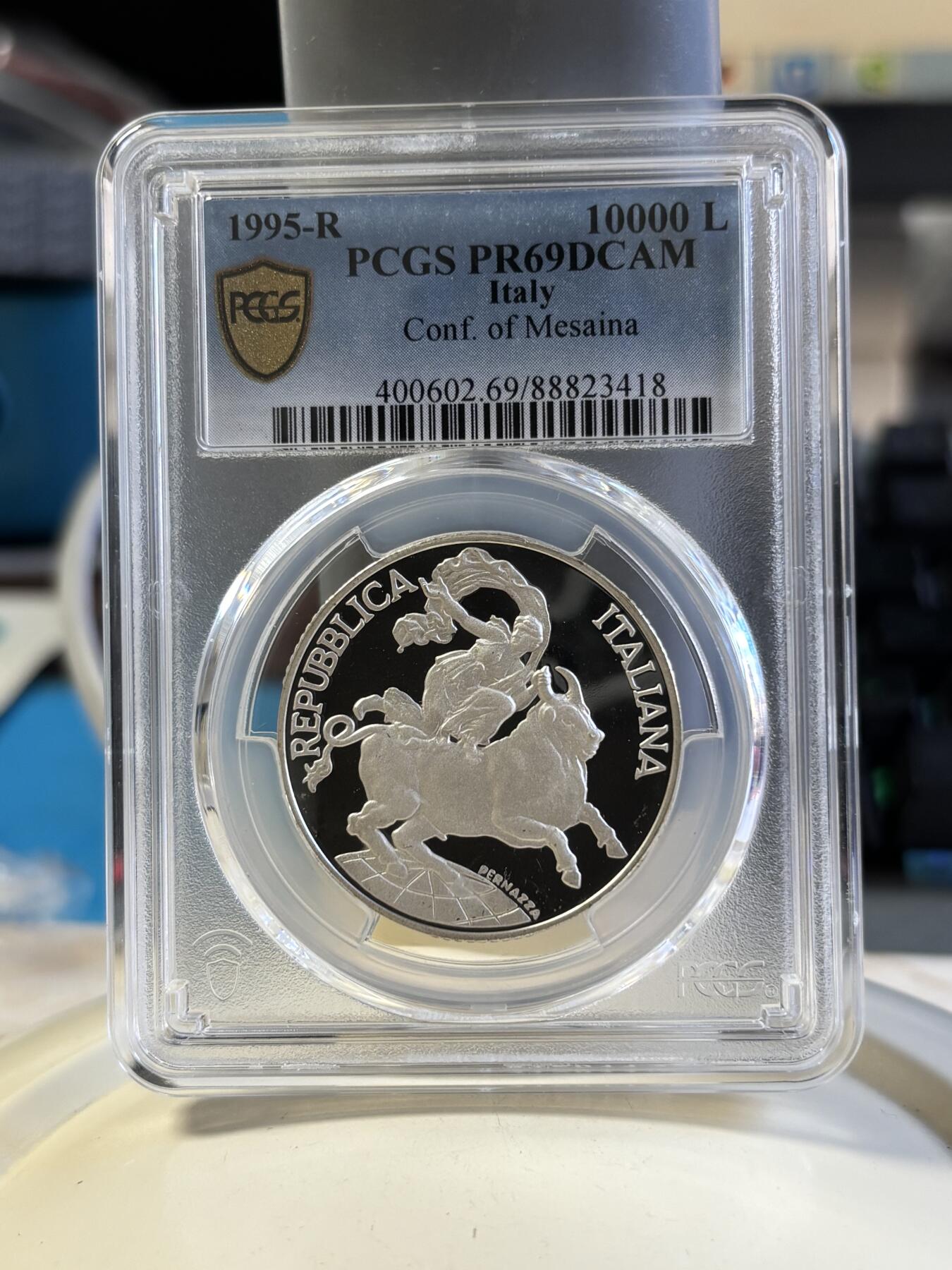 第181期拍卖 意大利1995年墨西拿海峡会议公牛女神精制纪念银币PCGS-PR69,835银，22克