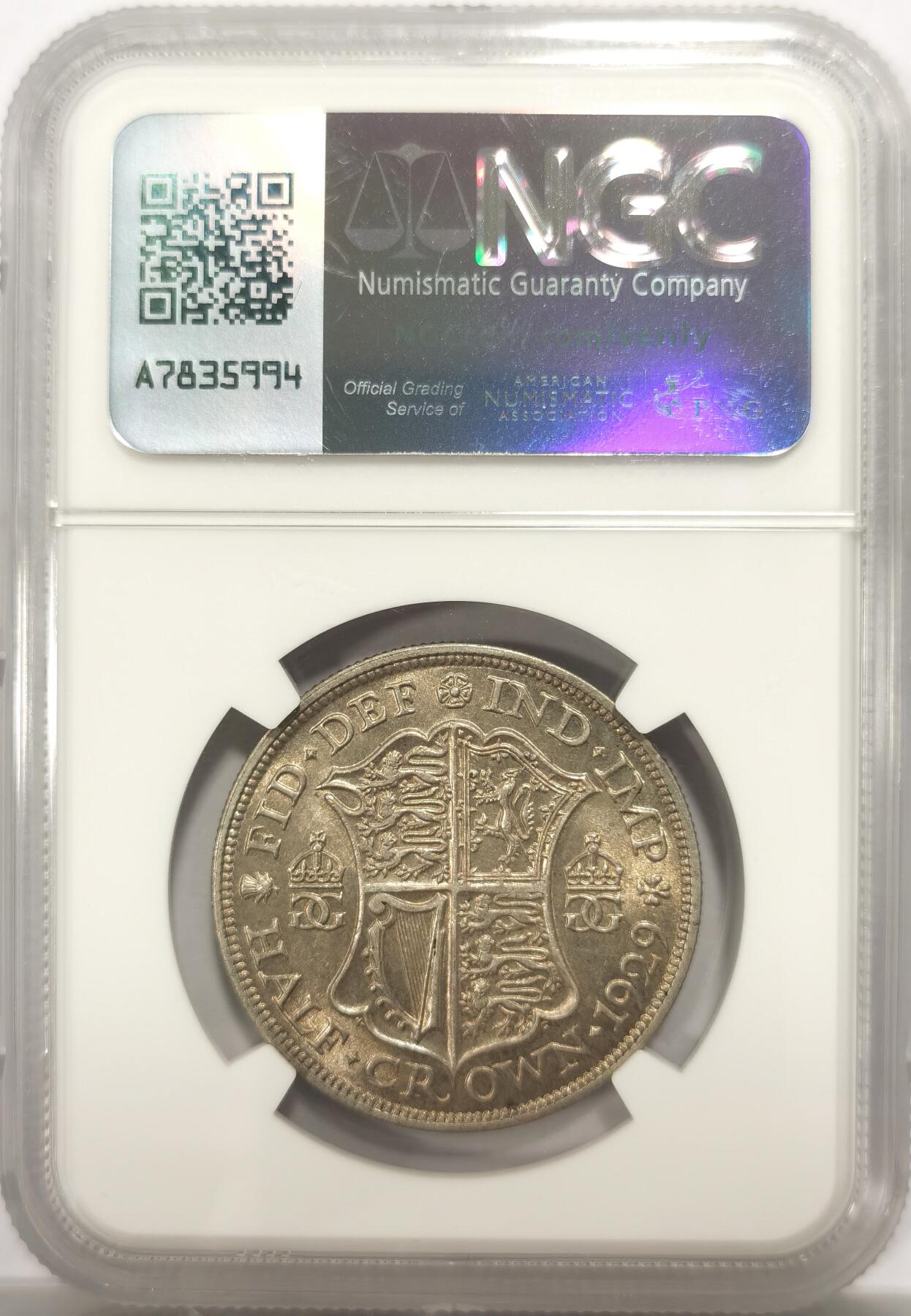 博洋堂世界钱币拍卖第146期（全场包邮） NGC MS63 英国1929年乔治五世半克朗银币，品相状态很好，转光流畅，1929较少见好年份