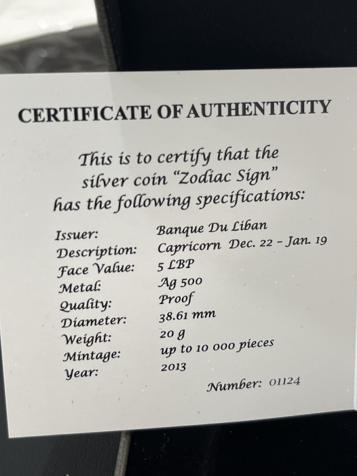 ❤️【币观天下】❤️ 第330期钱币拍卖- 2025.11.14周五晚上6点半场-长期征集拍品 黎巴嫩2013年十二星座系列彩色镶嵌精制银币淘宝价格850-摩羯座♑