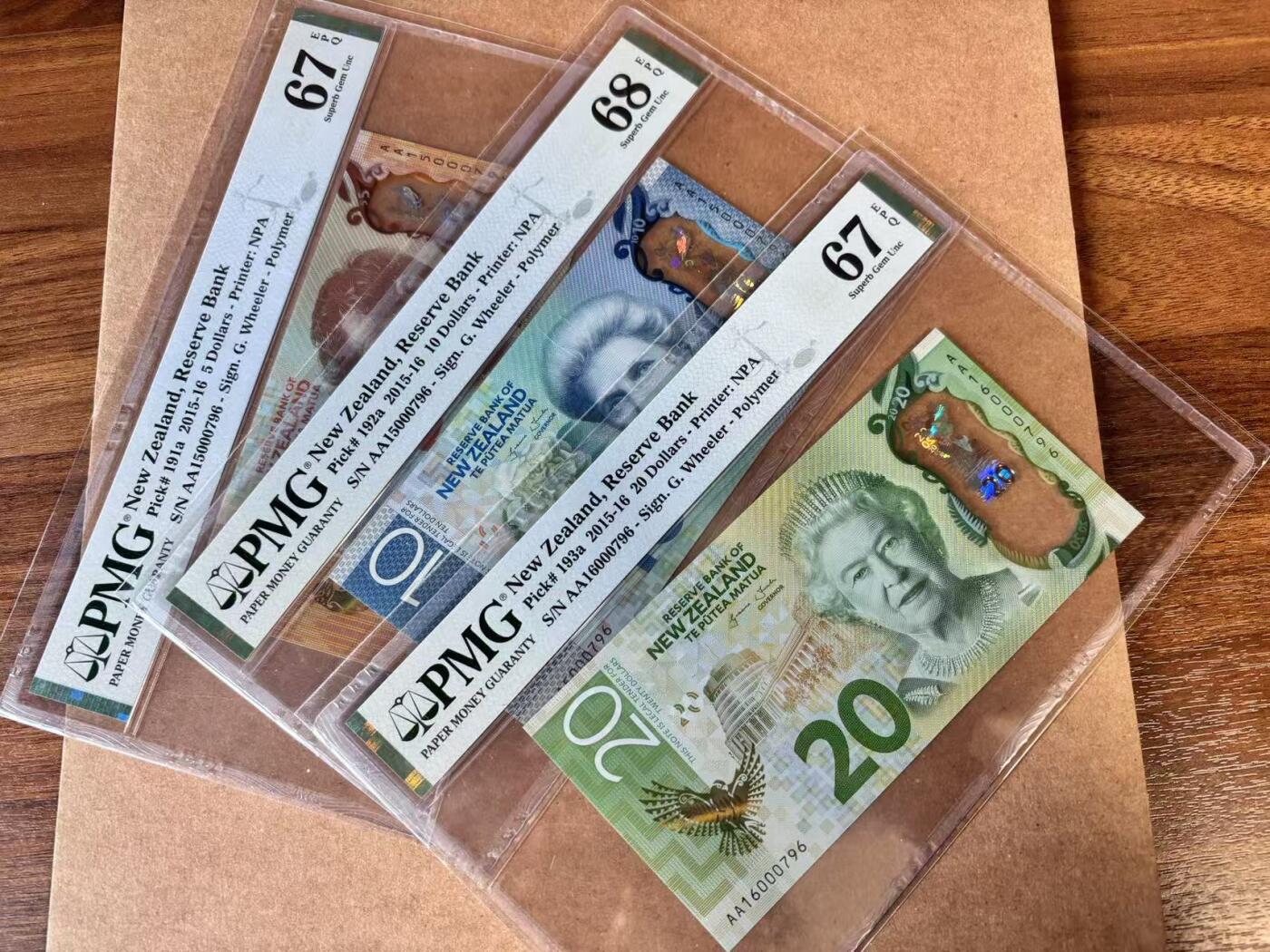 【Blue Auction】世界纸币精拍第749期——18级TOP拍卖/信誉/品质/专业/高效💫  【一组5张AA冠796全同小号 含获奖钞】新西兰 2015-16年5-100元 PMG68EPQ-67EPQ 高分套 