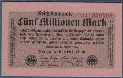 德国1923年5000000(500万)马克 P-105 无47尾8 号码字体及排列方式特殊 背面印阿沙芬堡附近的一家邮购公司的祝福宣传广告 实物图 UNC- - 德国1923年5000000(500万)马克 P-105 无47尾8 号码字体及排列方式特殊 背面印阿沙芬堡附近的一家邮购公司的祝福宣传广告 实物图 UNC-