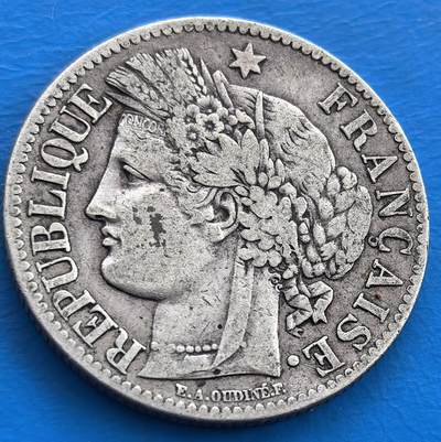 外国优质老铜币银币，周六九点倒数截拍，满百包邮，可寄存半年，喜欢朋友微信扫描二维码可直接参拍 - 法国1887年谷物女神2法郎银币