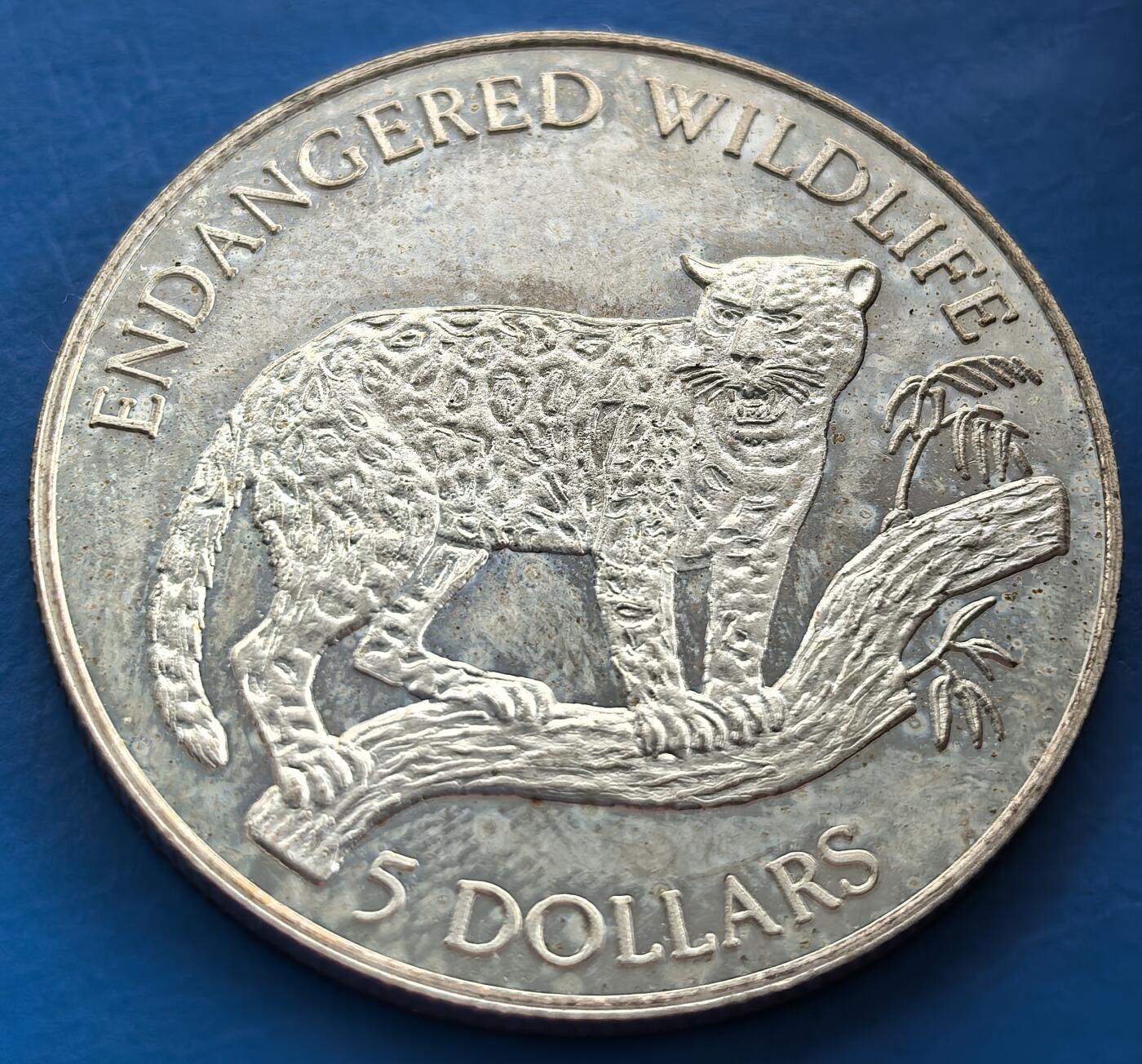 外国优质老铜币银币，周六九点倒数截拍，满百包邮，可寄存半年，喜欢朋友微信扫描二维码可直接参拍 纽埃1992年野生动物雪豹5元精制银币