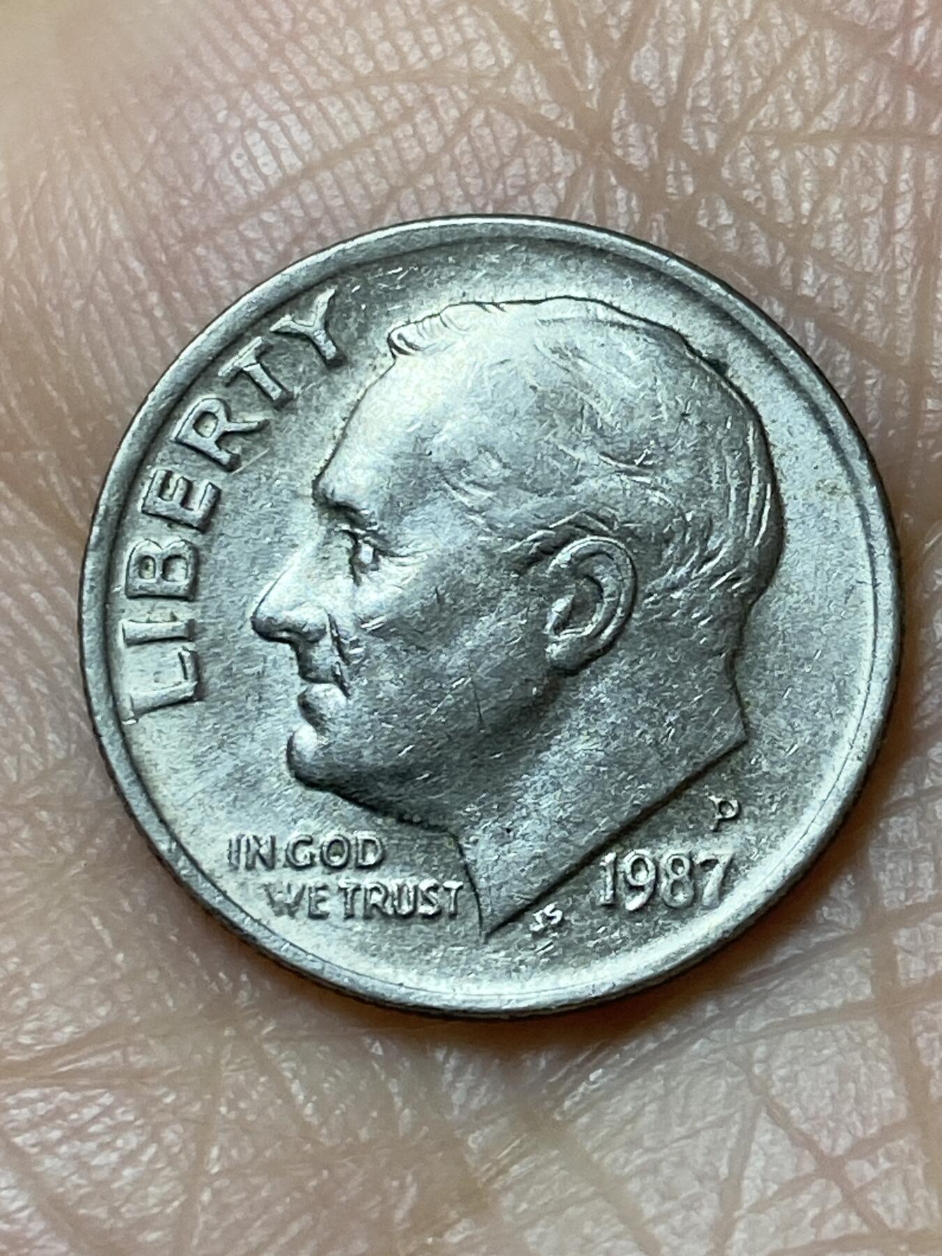 2025年第一百二十七场(总第一百五十三场）外国好品章牌、散币(免佣金) 美国🇺🇸1987年1角(罗斯福1角第二版，P标费城造)