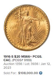 【Blue Auction】世界纸币精拍第749期——18级TOP拍卖/信誉/品质/专业/高效💫  【冠军分仅66+ 仅7枚更高分】美国 1916-S 20美金 重33.44克 行走自由女神双鹰金币 旧金山造币厂 光度感人 细节清晰 底板丝滑 PCGS MS66 收藏级高分（66+拍了10.8万美金 多半分溢价太多 此枚性价比高很多）