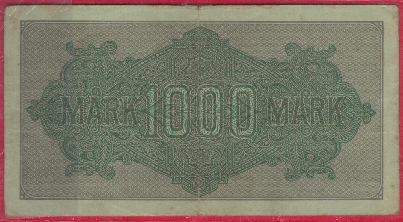 德国1922年1000马克 P-76 水印种类不详 绿号码 实物图 八五品