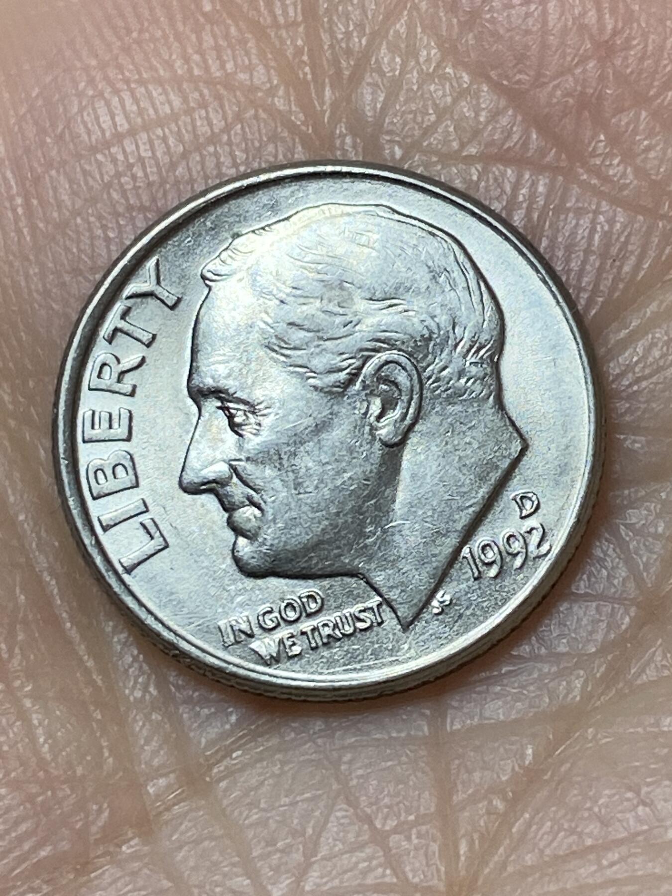 2025年第一百二十七场(总第一百五十三场）外国好品章牌、散币(免佣金) 美国🇺🇸1992年1角(罗斯福1角第二版，D标丹佛造)