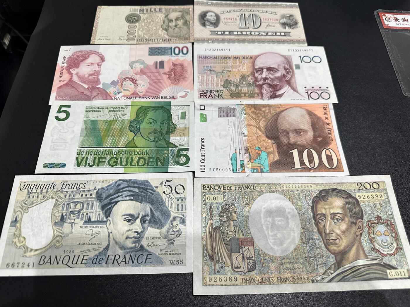 《外钞收藏家》第五百八十四期（优质场）（本平台长期征集拍品、欢迎藏友们联系合作） 意大利、比利时、法国、丹麦 8张一起 非全新 品相如图