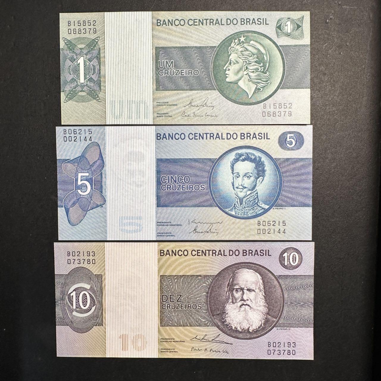 蒂克钱币-第47场 外国平价纸币拍卖 巴西中央银行1967-1970年版克鲁塞罗 3枚纸币 全新