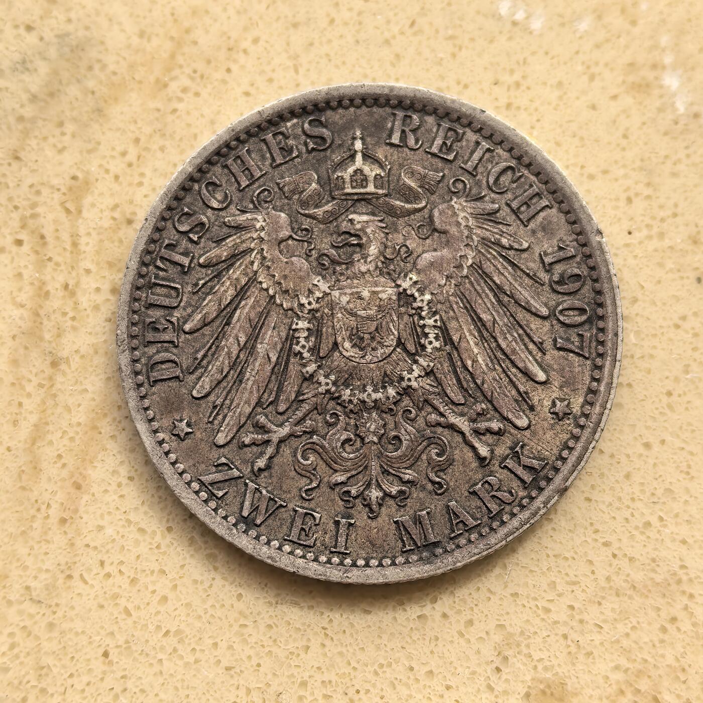 道一币馆币章第一百五十五场 普鲁士德国1907年威廉二世2马克银币