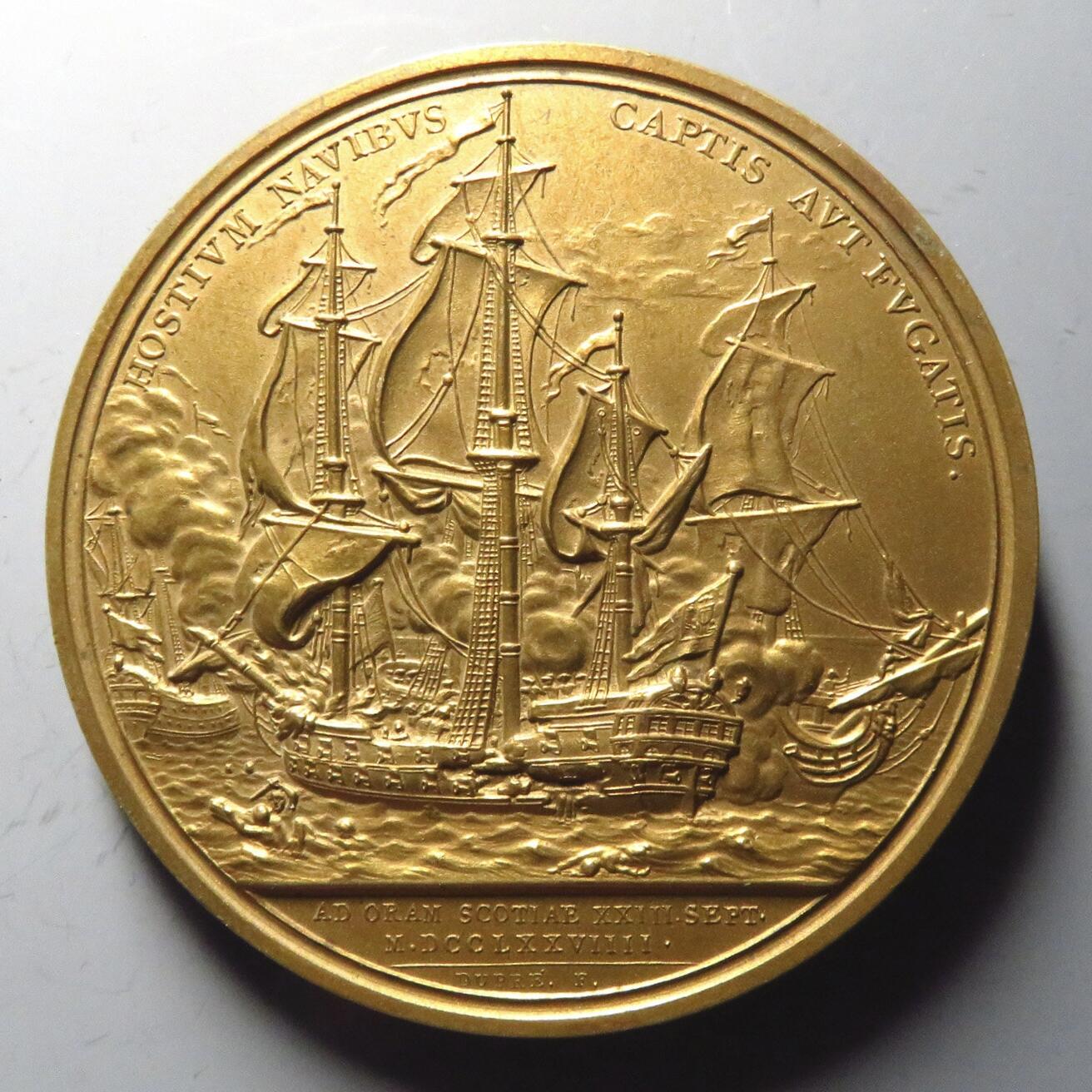 掌中浮雕-藏着的欧洲第041场 NGC MS62 : 英国约翰保罗--弗兰伯勒角海战镀金铜章，56mm，Eimer-782，原铸1779年，此枚为后铸年代不详