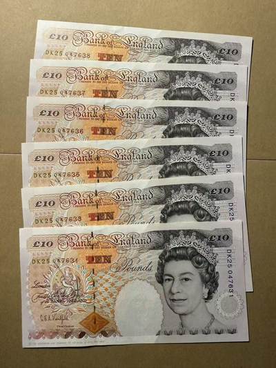 【礼羽收藏】🌏世界钱币拍卖第111期 - 英国E序10镑 6张 全新unc-