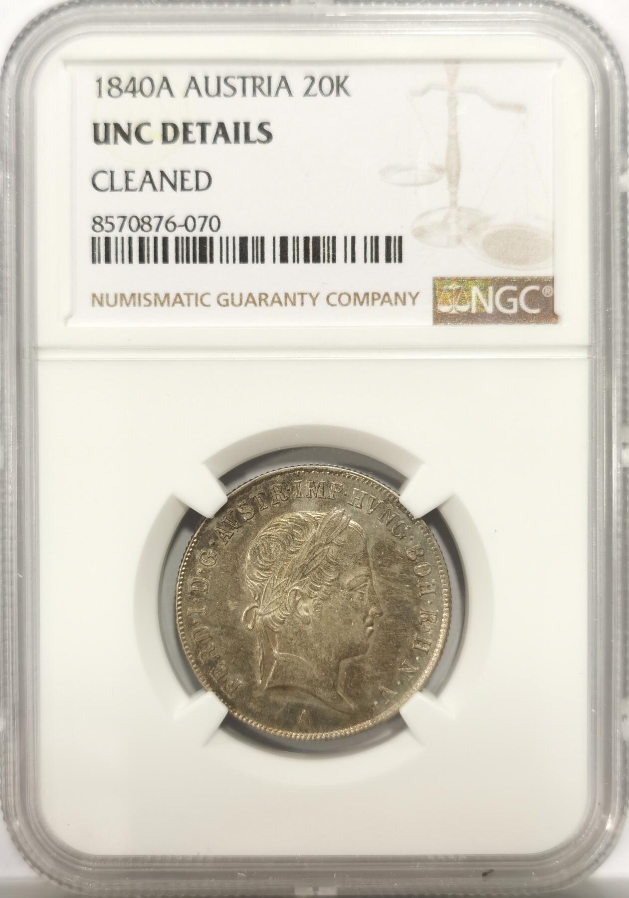 博洋堂世界钱币拍卖第146期（全场包邮） NGC UNCD 奥匈帝国1840A版20克鲁泽，经典双头鹰，转光+五彩+镜面绝对错杀