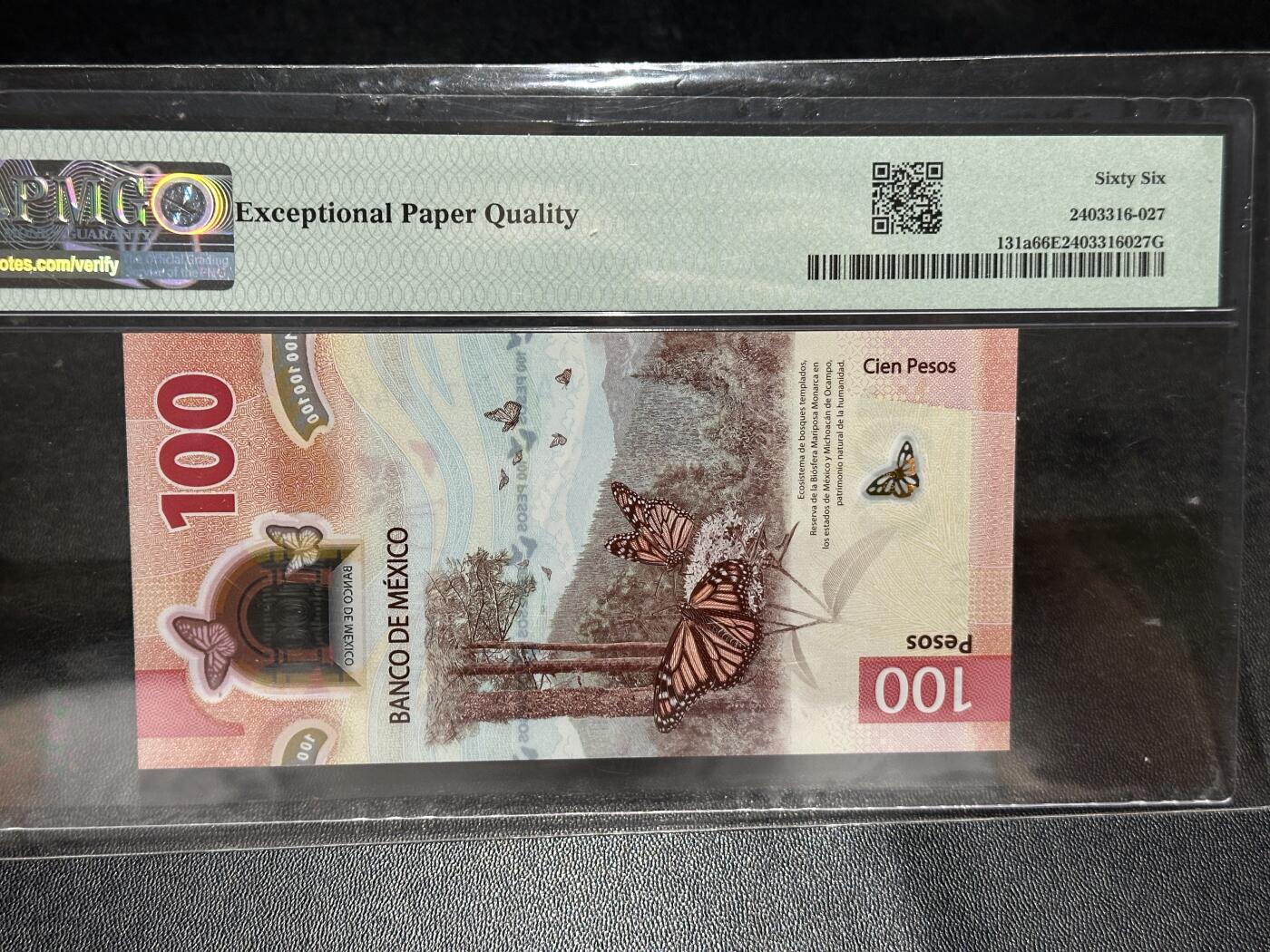 《外钞收藏家》第五百八十四期（优质场）（本平台长期征集拍品、欢迎藏友们联系合作） 2020年墨西哥100比索 PMG66 豹子号444