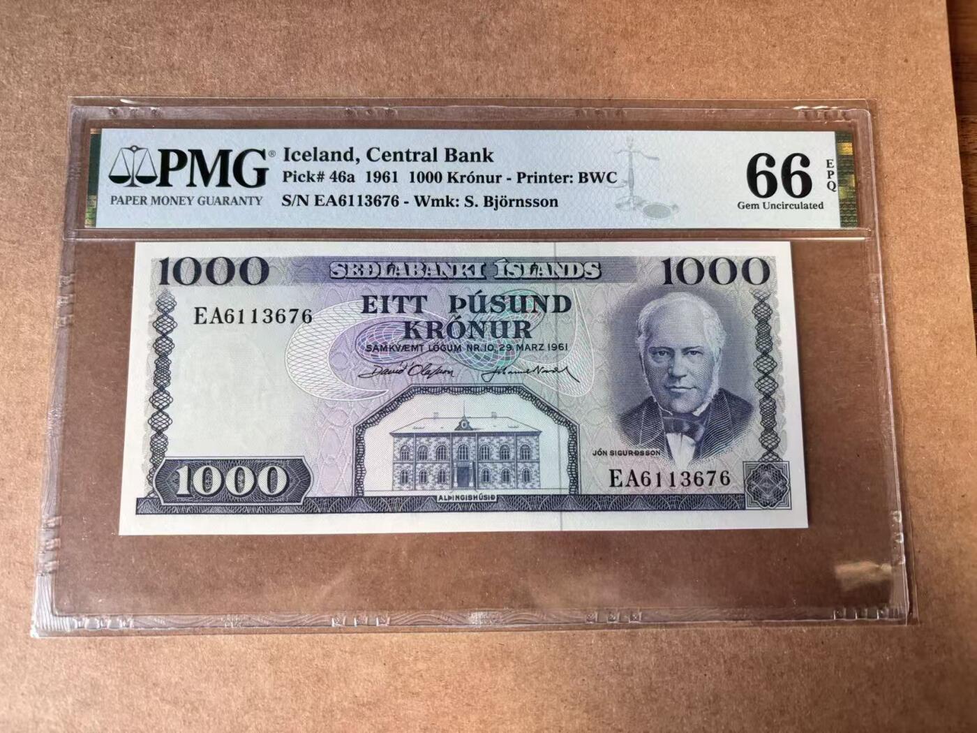 【Blue Auction】世界纸币精拍第749期——18级TOP拍卖/信誉/品质/专业/高效💫 冰岛 1961年1000克朗  PMG66EPQ 