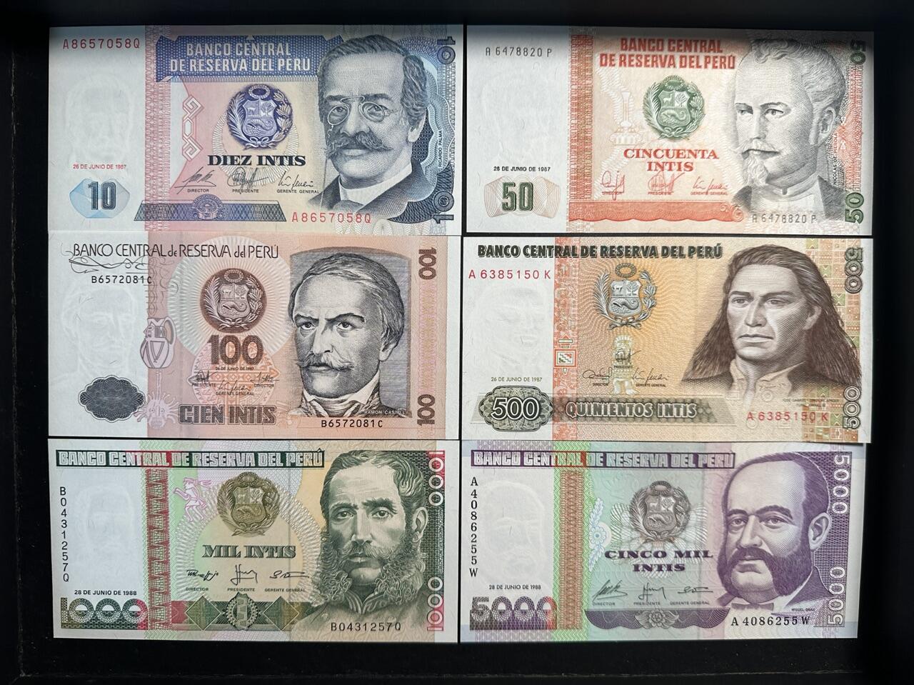 蒂克钱币-第47场 外国平价纸币拍卖 秘鲁 全新纸币 6枚 全新