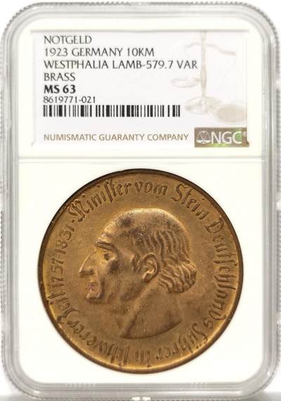 博洋堂世界钱币拍卖第146期（全场包邮） - NGC MS63 1923年德国德紧威斯特伐利亚1万马克大铜币，经典品种，转光好品。