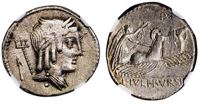 北京阿城哥拍卖2025年秋季拍卖会 - 公元前85年罗马共和国迪纳里银币一枚（铸币官L.尤利乌斯.布尔西奥，正面为融合神祇像背四马战车）NGC XF评级编号：6766343-038