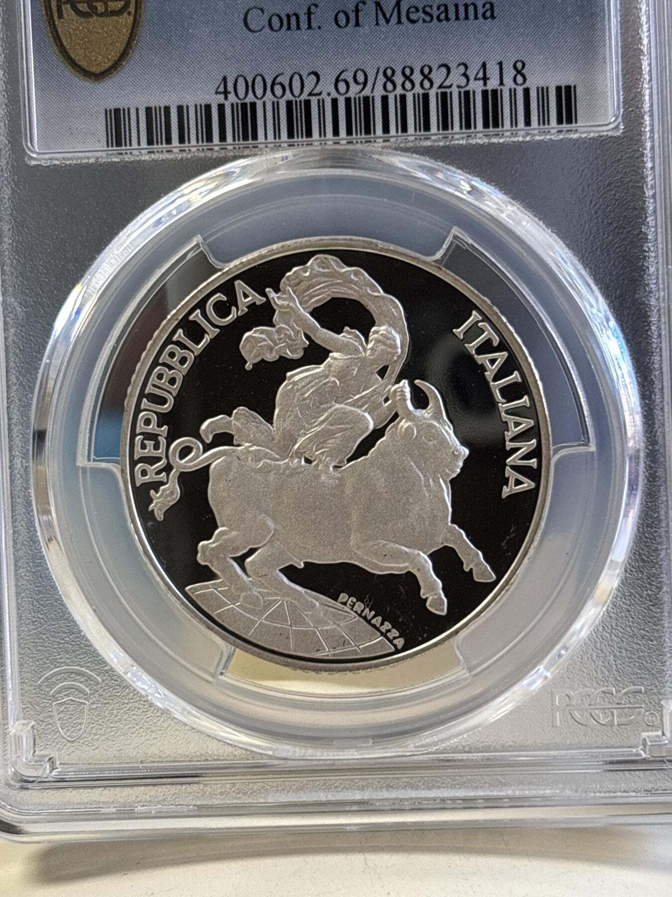 第181期拍卖 意大利1995年墨西拿海峡会议公牛女神精制纪念银币PCGS-PR69,835银，22克