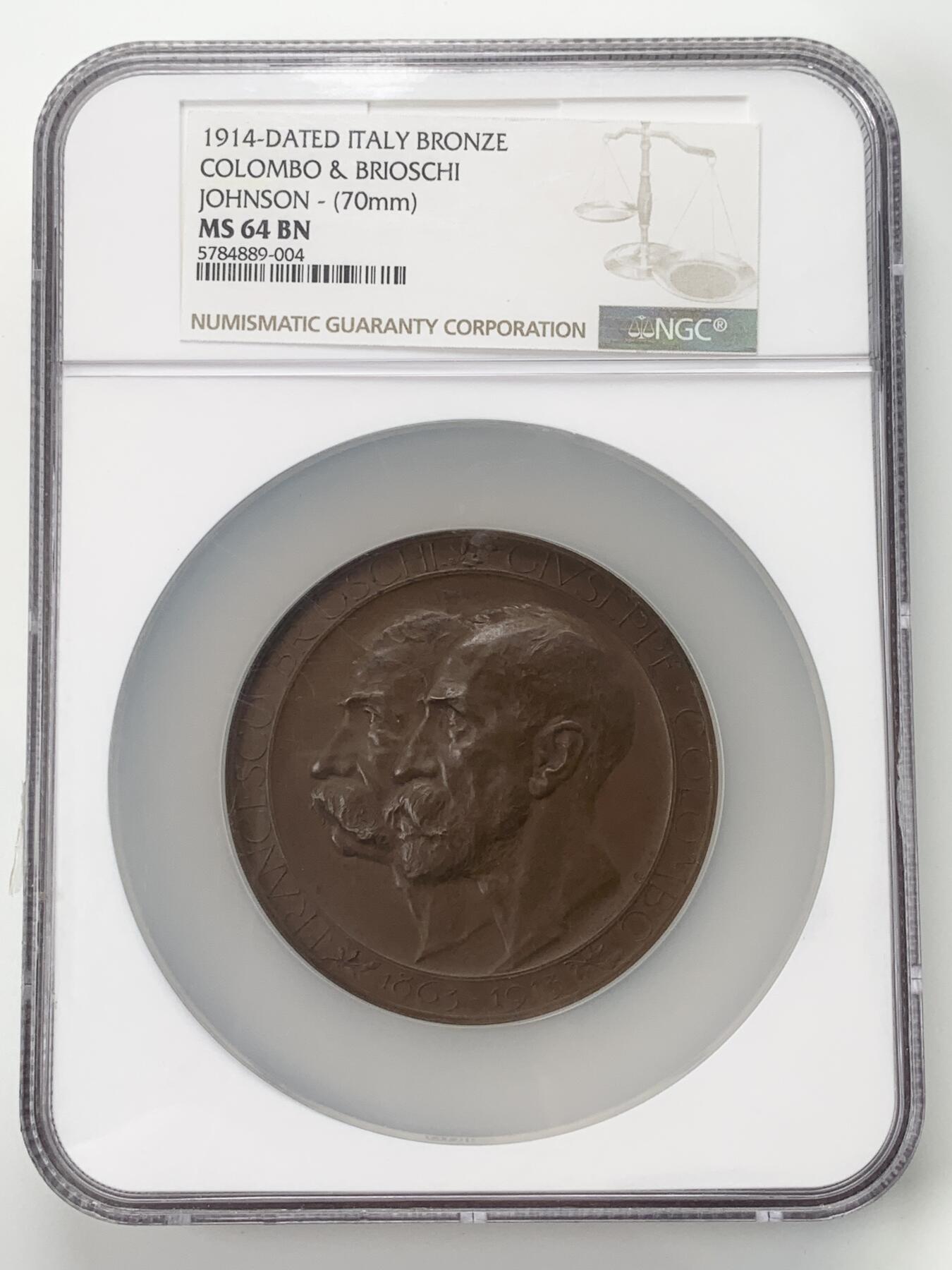 掌中浮雕-藏着的欧洲第041场 NGC MS64 : 1914年意大利皇家高等技术学院成立五十周年庆 ，70mm，意大利Johnson目录#370