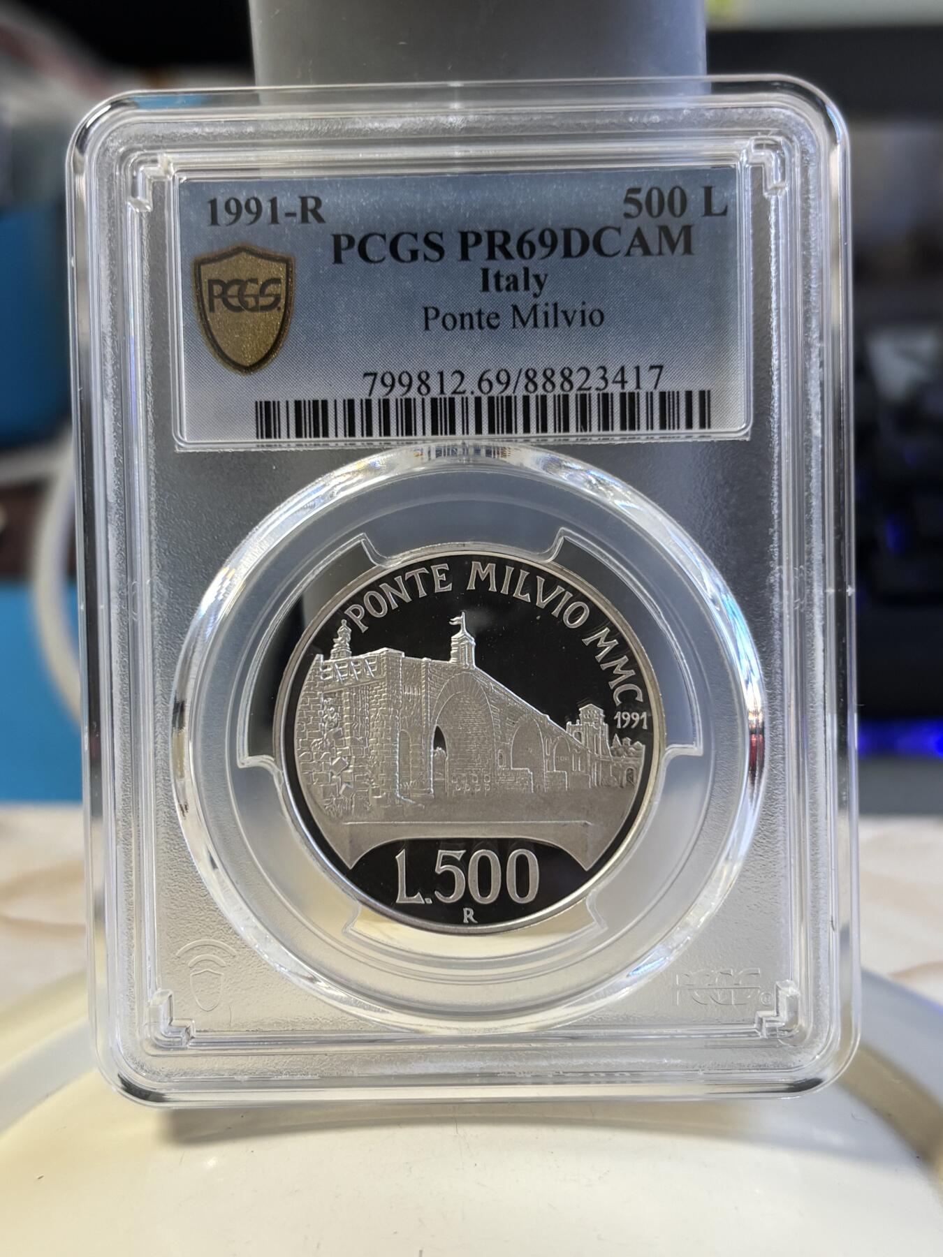 第181期拍卖 获奖意大利1991年米尔维奥桥500里拉精制纪念银币PCGS-PR69，835银，15克，发行14000枚