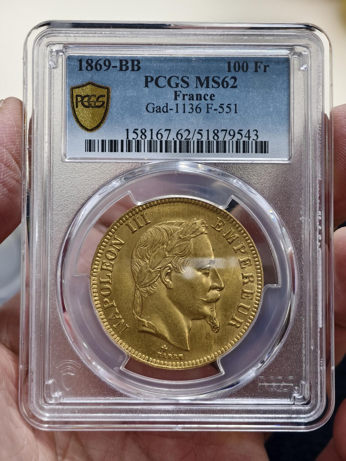 PCGS-MS62法国1869年拿破仑三世100法郎金币