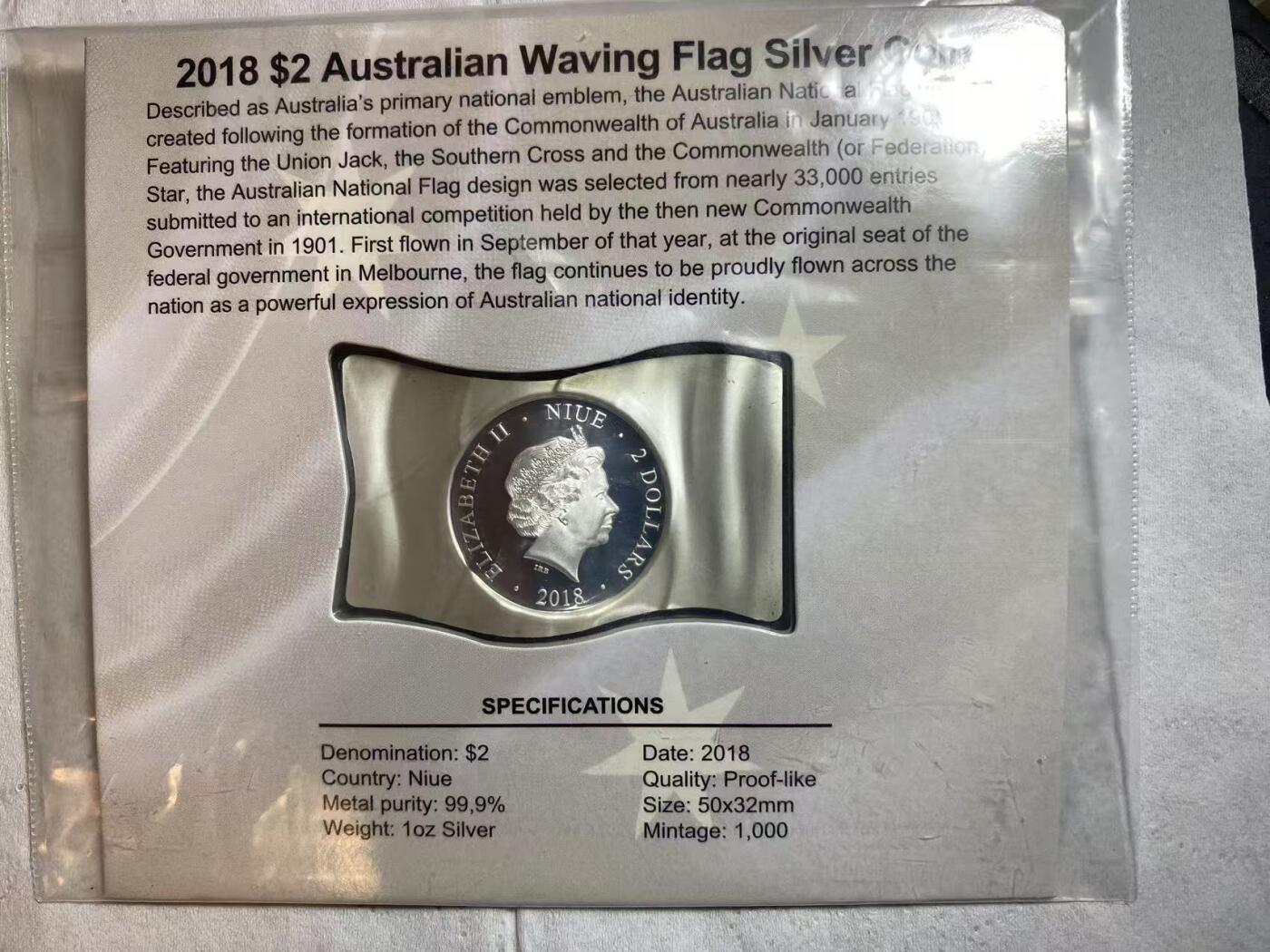 ❤️【币观天下】❤️ 第330期钱币拍卖- 2025.11.14周五晚上6点半场-长期征集拍品 2018年纽埃发行澳大利亚国旗彩色银币 发行量1000 原包装