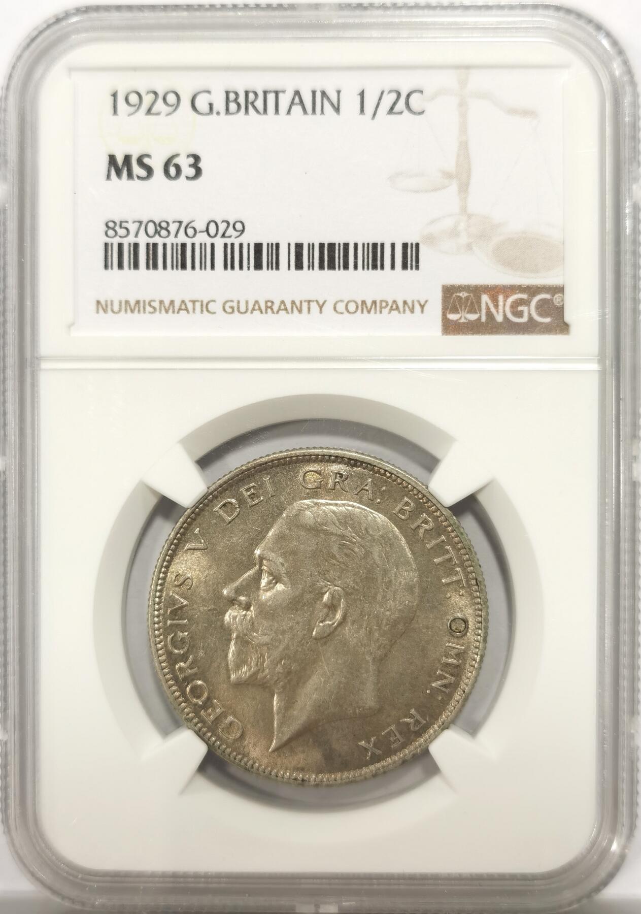 博洋堂世界钱币拍卖第146期（全场包邮） NGC MS63 英国1929年乔治五世半克朗银币，品相状态很好，转光流畅，1929较少见好年份