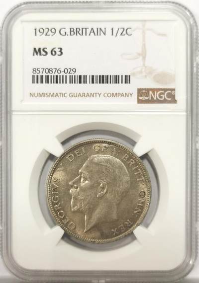 博洋堂世界钱币拍卖第146期（全场包邮） - NGC MS63 英国1929年乔治五世半克朗银币，品相状态很好，转光流畅，1929较少见好年份