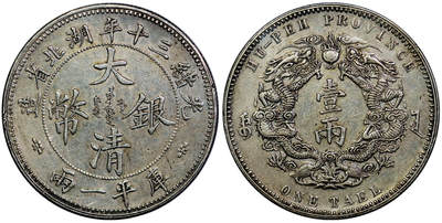 北京阿城哥拍卖2025年秋季拍卖会 - 1904光绪三十年湖北省造大清银币双龙一两银币一枚，大字版，因不合商民使用习惯，短暂发行后收回，存世较小字版更为稀少，铸模深俊，轻薄原味包浆，底版银光温润 PCGS XF40