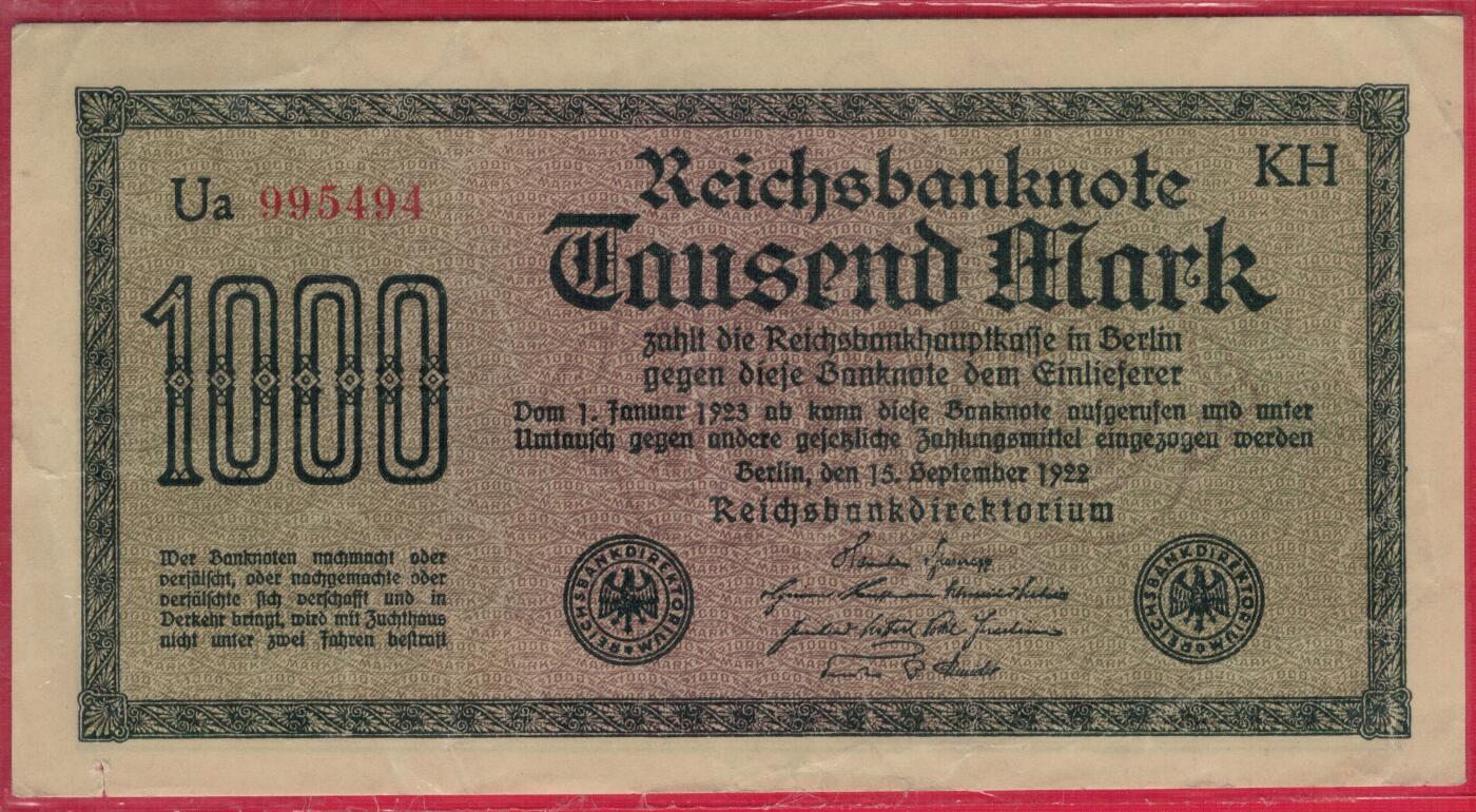 德国1922年1000马克 P-76f H种水印 白纸印制 红号码数三 实物图 八五品