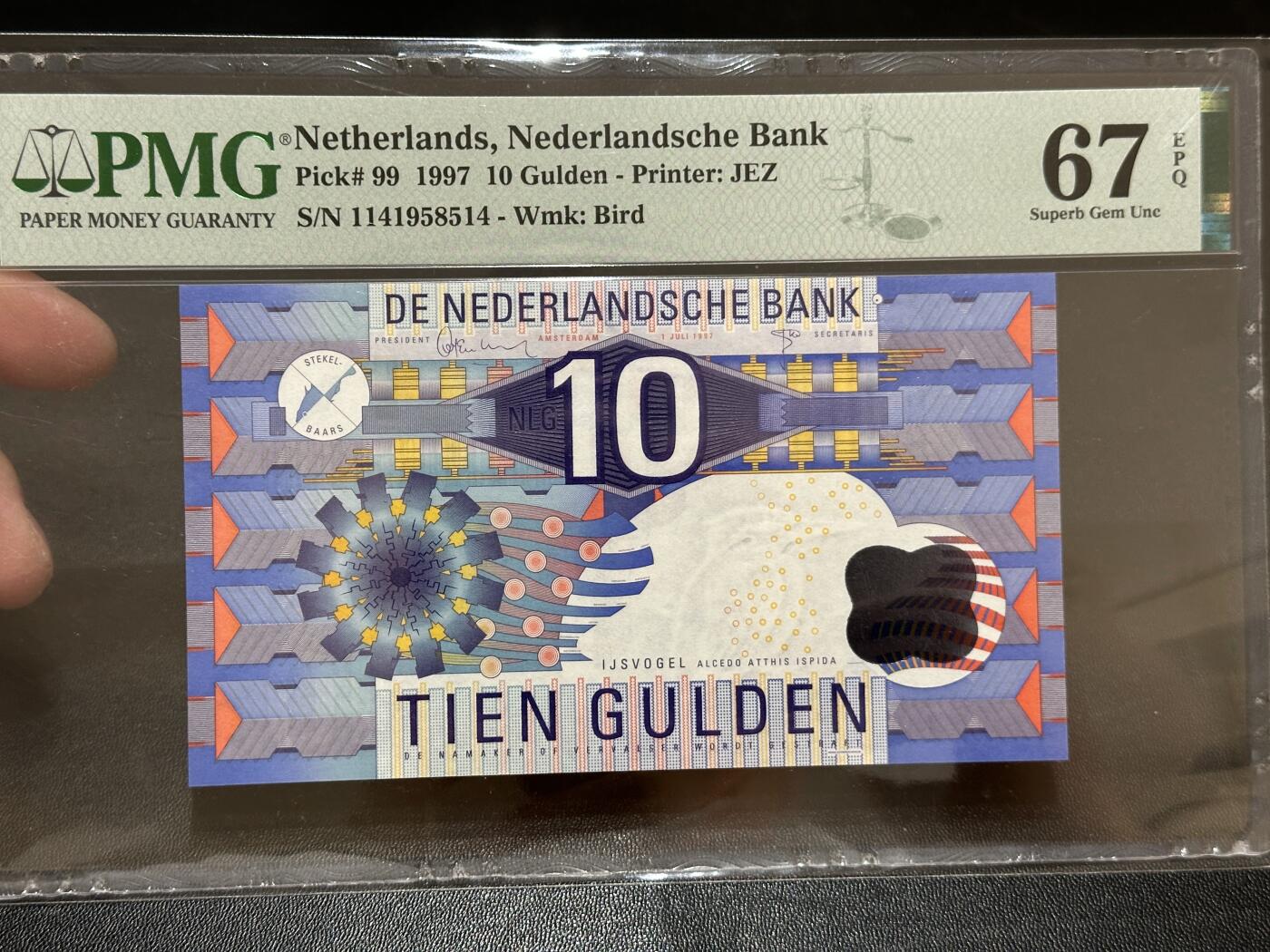 《外钞收藏家》第五百八十四期（优质场）（本平台长期征集拍品、欢迎藏友们联系合作） 1997年荷兰齿轮版10盾 PMG67