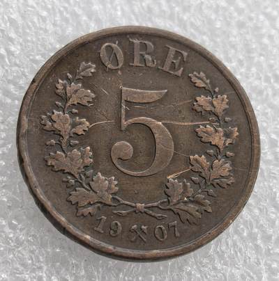 外国优质老铜币银币，周六九点倒数截拍，满百包邮，可寄存半年，喜欢朋友微信扫描二维码可直接参拍 - 少见独年版挪威1907年5欧尔，发行量仅20万枚