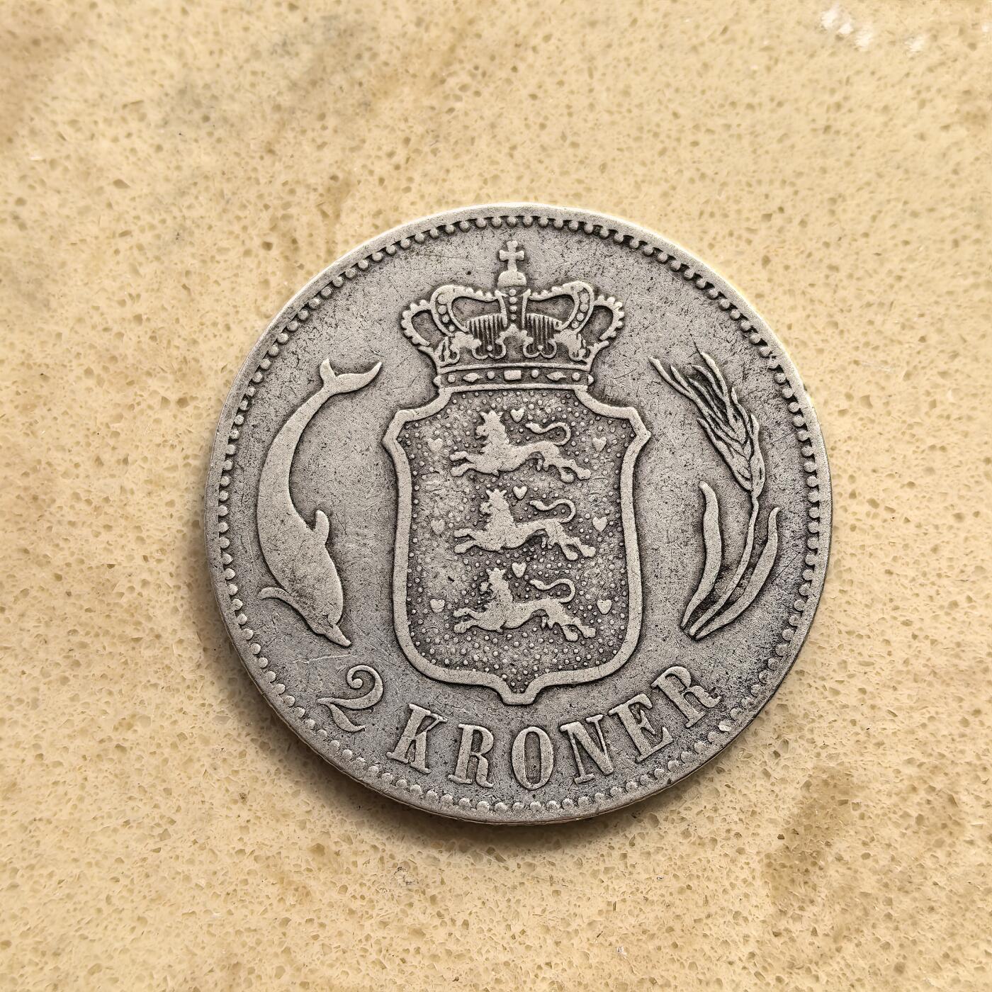 道一币馆币章第一百五十五场 丹麦1876年克里斯蒂安九世海豚2克朗银币 15g 800s