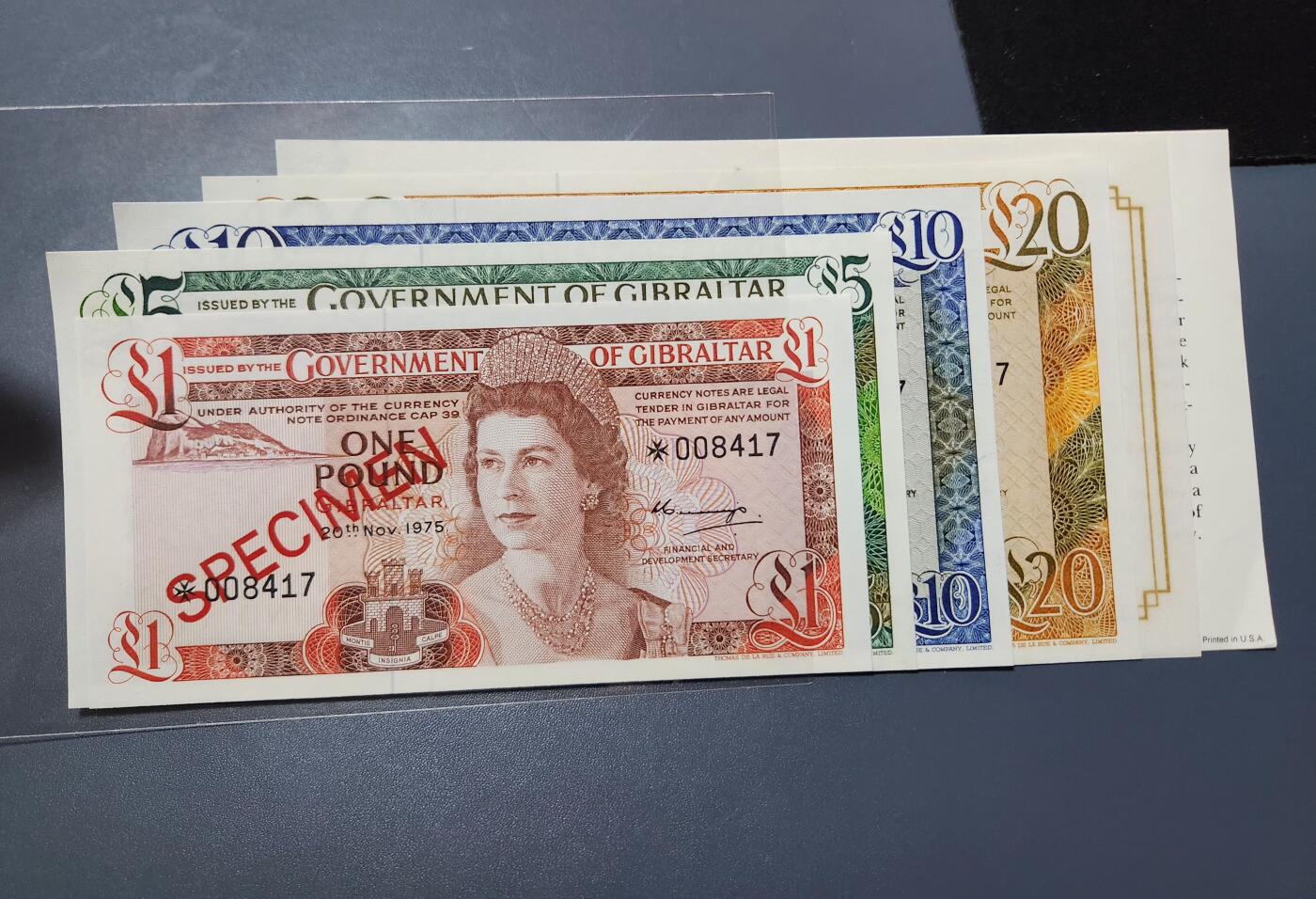 11月12号晚上8点 外国纸币自动截拍第55场 女王样票全新一套【全新初版样钞】直布罗陀4张全套(1,5,10,20镑)1975年