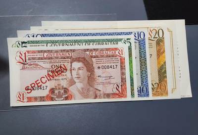 11月12号晚上8点 外国纸币自动截拍第55场 - 女王样票全新一套【全新初版样钞】直布罗陀4张全套(1,5,10,20镑)1975年