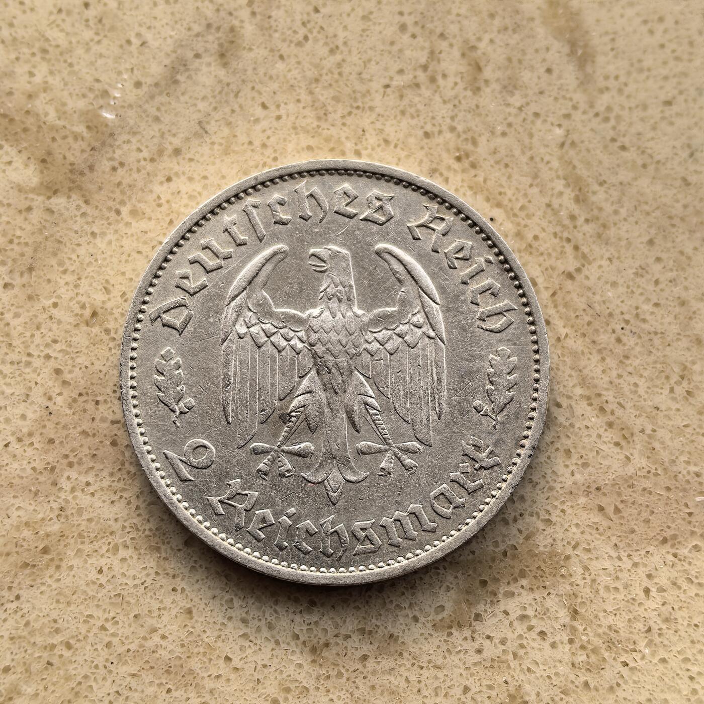 道一币馆币章第一百五十五场 德国1934年诗人席勒诞辰175周年2马克纪念银币