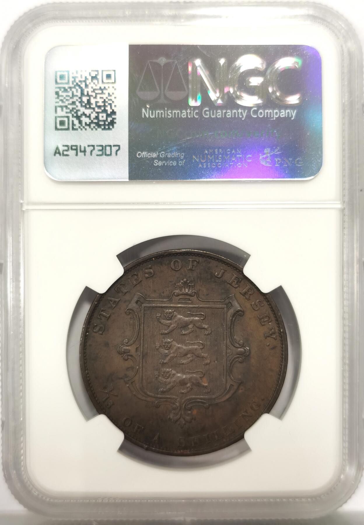 博洋堂世界钱币拍卖第146期（全场包邮） NGC AU58BN 英属泽西岛1861年小维头像1/13先令大铜币，比本土便士贵的多的品种，未流通细节，背面小狮子上的斑点都清晰可见，可尝试重评