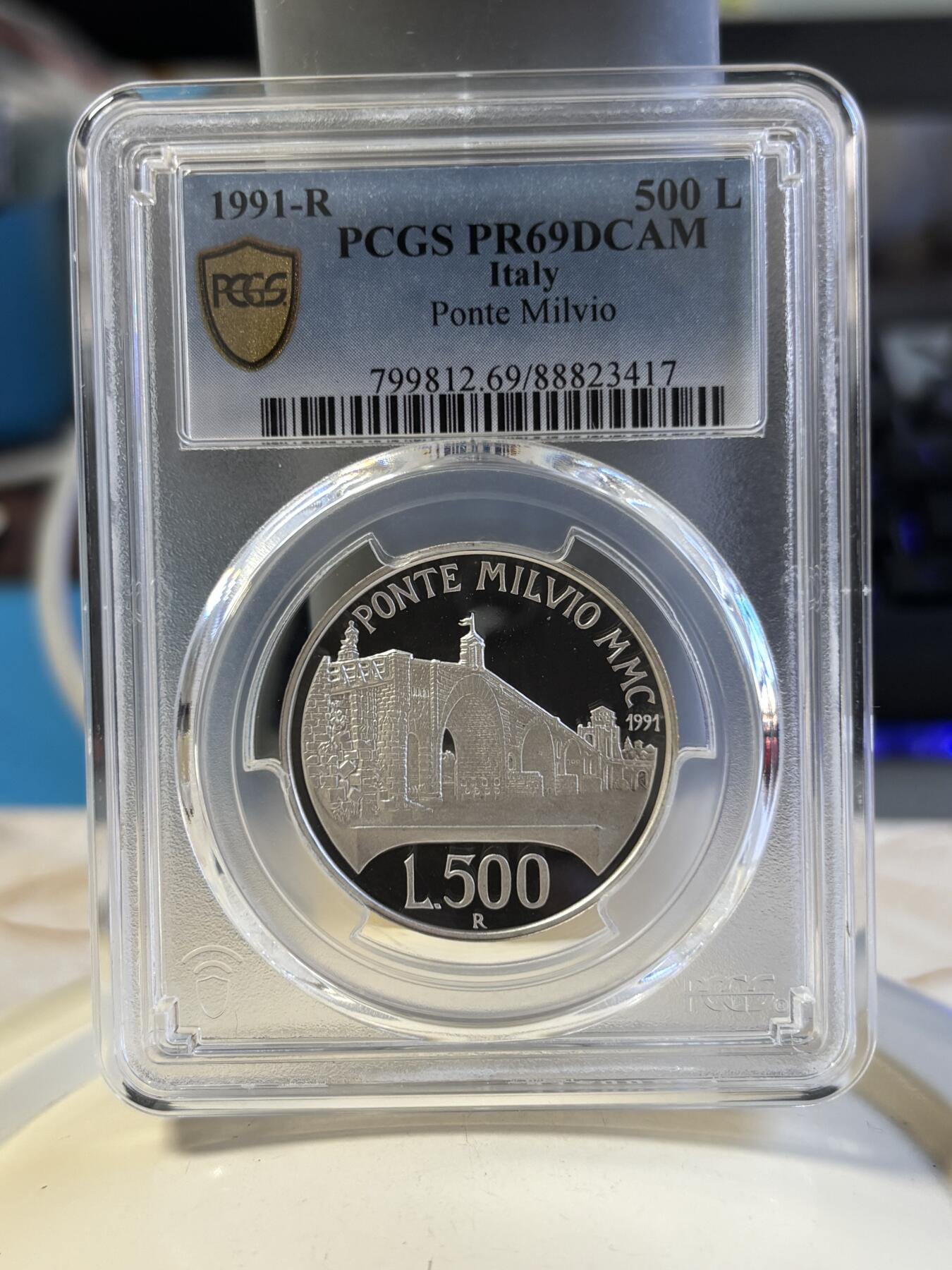 第181期拍卖 获奖意大利1991年米尔维奥桥500里拉精制纪念银币PCGS-PR69，835银，15克，发行14000枚