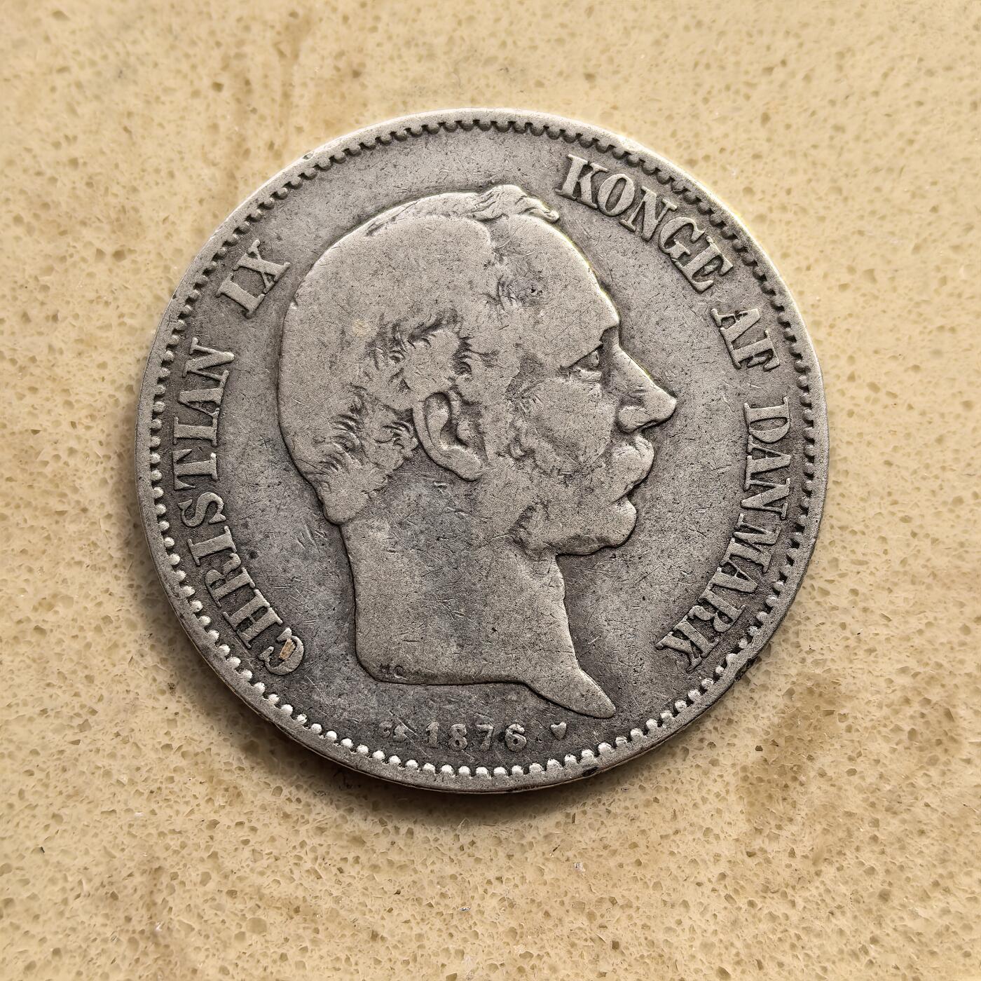 道一币馆币章第一百五十五场 丹麦1876年克里斯蒂安九世海豚2克朗银币 15g 800s