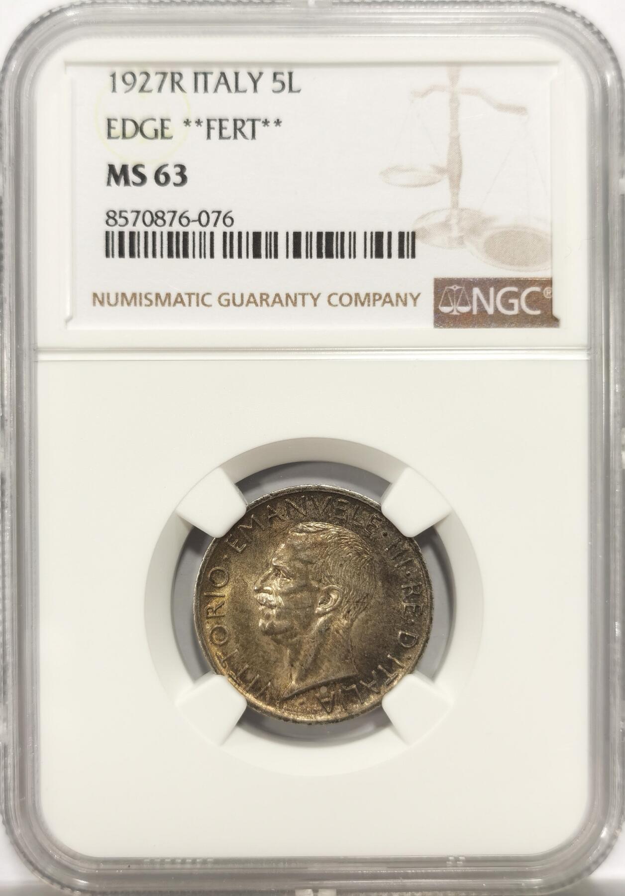 博洋堂世界钱币拍卖第146期（全场包邮） NGC MS63 意大利1927小鹰五里拉银币，底板舒服，五彩包浆非常好看，单星星版，意大利王国时期经典品种